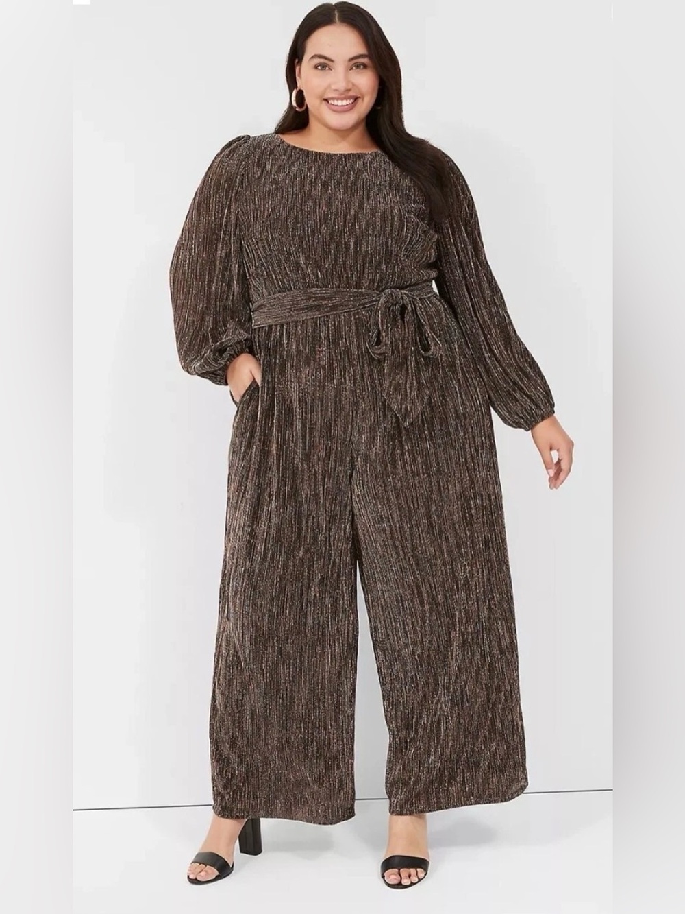 Lane Bryant Metallic Gold Black Pleated Jumpsuit 18W Party Holiday Wedding Glam